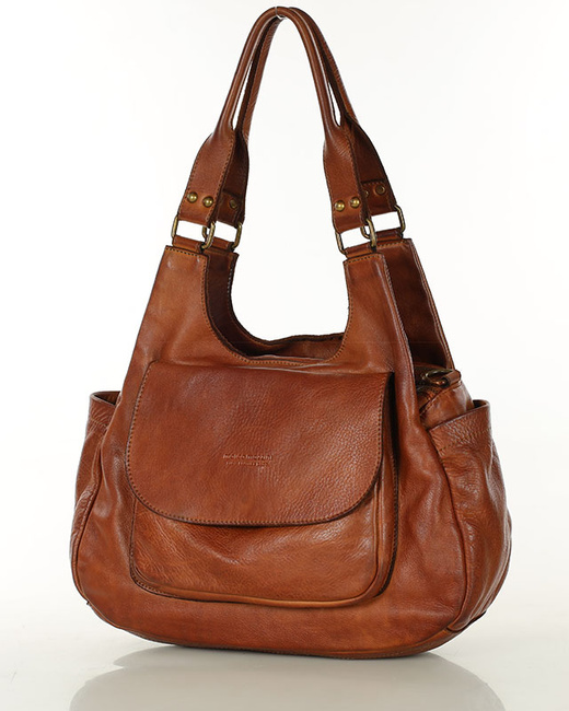 Włoska torebka skórzana z kieszenią z przodu retro bag handmade - MARCO MAZZINI brąz camel