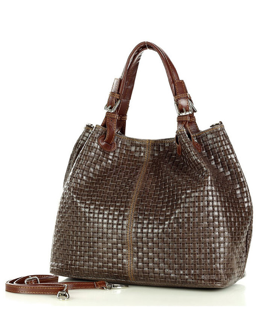 Modna torebka damska skórzany koszyk MARCO MAZZINI - Carina Treccia ciemny brąz caffe