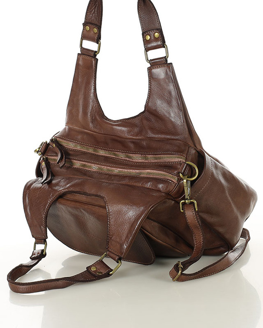 Włoska torebka skórzana z kieszenią z przodu retro bag handmade - MARCO MAZZINI czekoladowy brąz