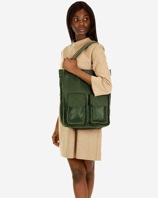 Torebka skórzany shopper bag z kieszeniami - MARCO MAZZINI Ravenna ciemny zielony