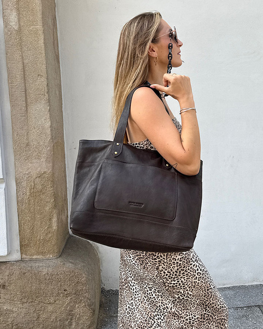 Torebka skórzana shopper damski z przegródkami - MARCO MAZZINI brąz czekolada