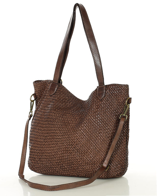 Duża torebka pleciona na ramię shopperka skórzana - MARCO MAZZINI brąz
