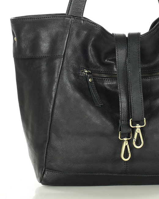 Duża skórzana torebka shopper z kieszenią - MARCO MAZZINI czarny