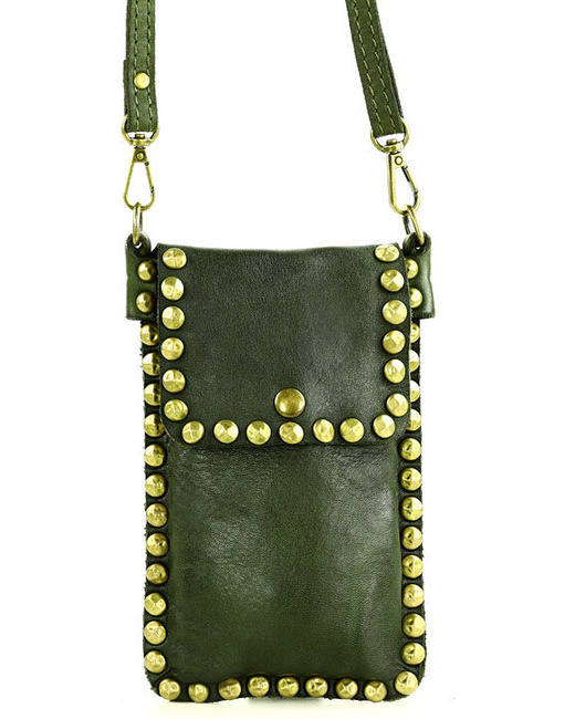 Torebka na telefon z dżetami skórzana phone case - MARCO MAZZINI zielony