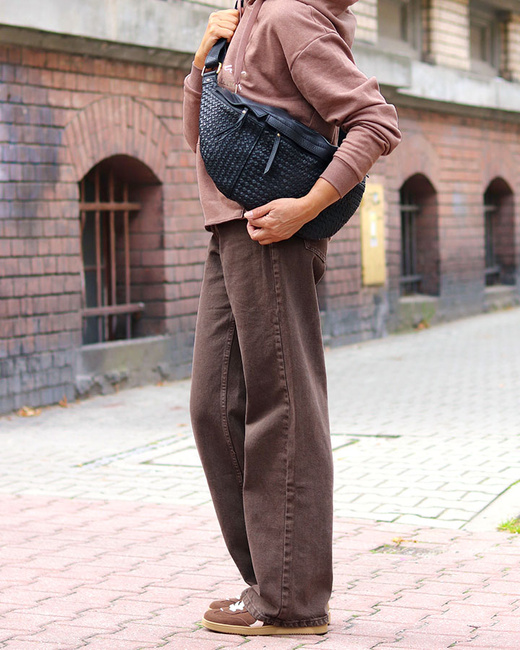 Duża torebka nerka półksiężyc skóra pleciona - MARCO MAZZINI czarna