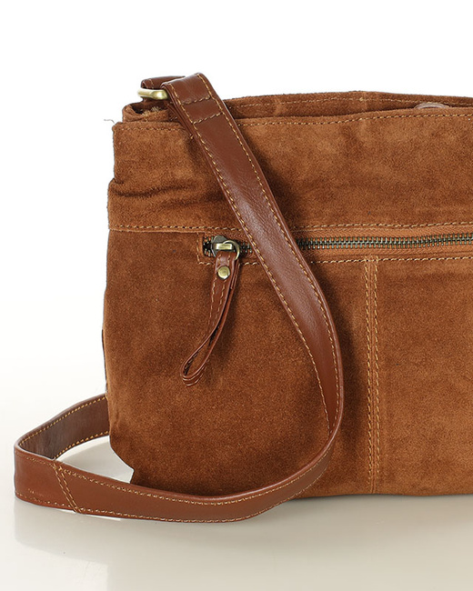 Brązowa zamszowa listonoszka skórzana dwukomorowa - MARCO MAZZINI