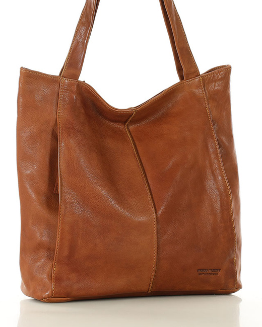 Miękka torba typu shopper skórzana na ramię - MARCO MAZZINI - brąz camel