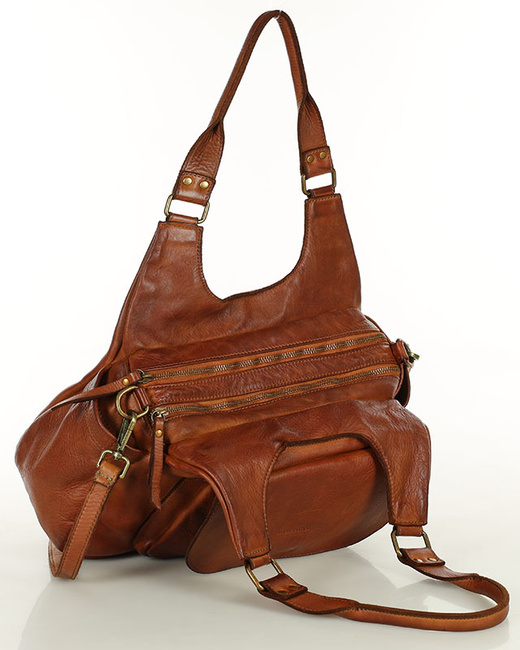 Włoska torebka skórzana z kieszenią z przodu retro bag handmade - MARCO MAZZINI brąz camel