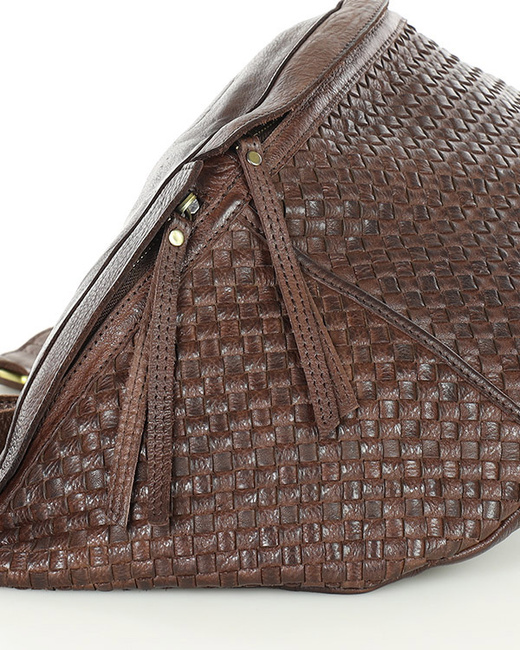 Duża torebka nerka półksiężyc skóra pleciona - MARCO MAZZINI czekoladowy brąz