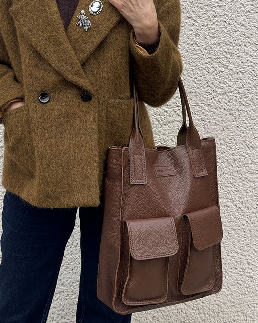 Torebka skórzany shopper bag z kieszeniami - MARCO MAZZINI czekoladowy brąz