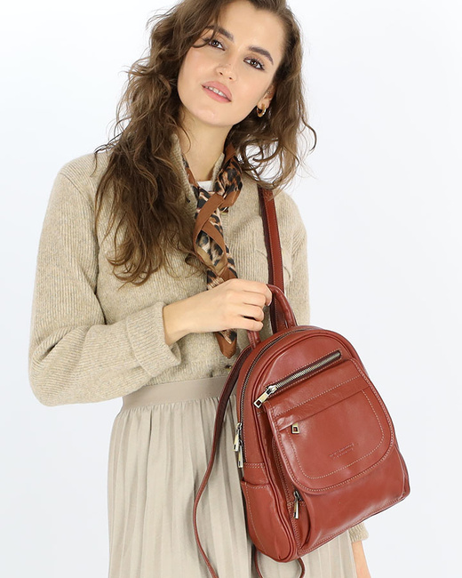 Plecak skórzany damski perfekcyjna organizacja - MARCO MAZZINI brąz whisky