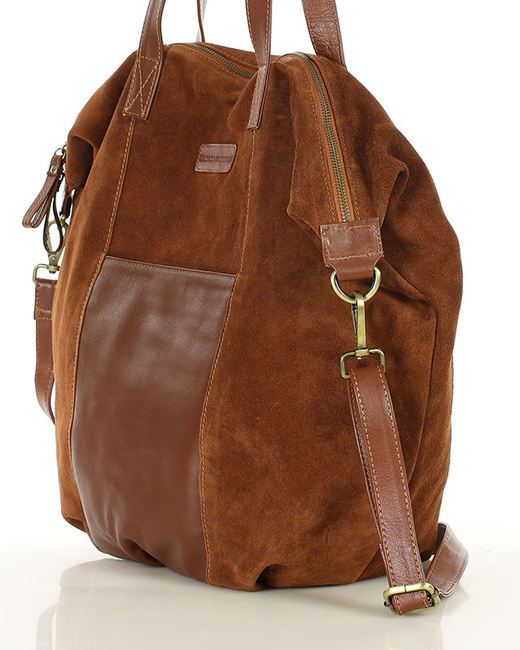 Torba skórzana zamszowa shopper z kieszeniami - It bag MARCO MAZZINI brązowy