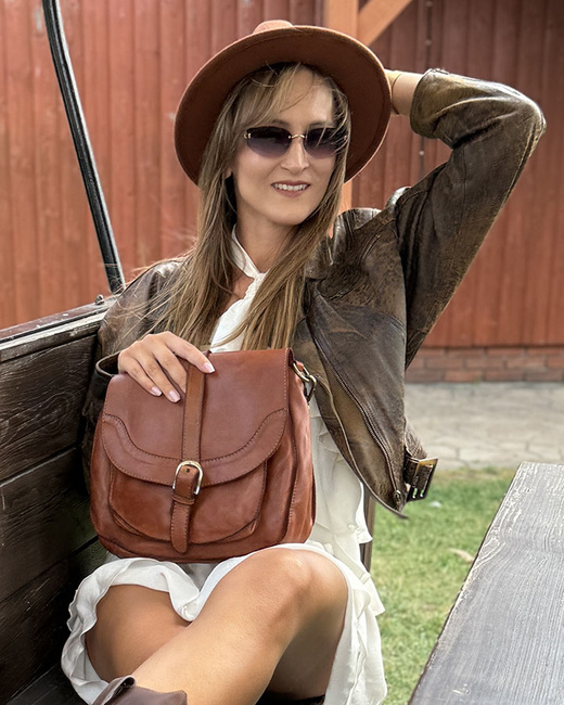 Torebka vintage retro skórzana listonoszka saddle bag - MARCO MAZZINI camelowa