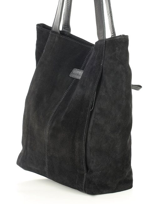 Miękka torba zamszowa skórzana shopper na ramię - MARCO MAZZINI - czarny