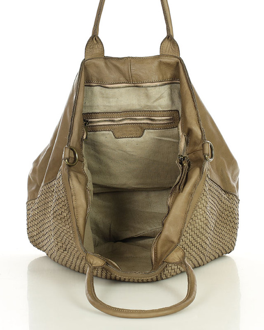 Duża torba shopper z plecionej skóry naturalnej - MARCO MAZZINI beżowa