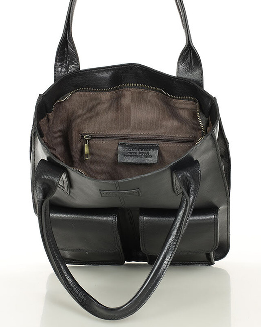 Torebka z kieszonkami skórzana dobrze zorganizowany shopper - MARCO MAZZINI czarny