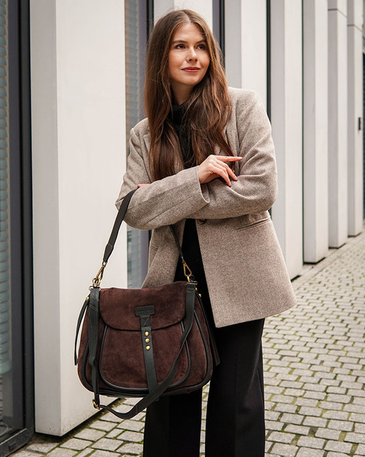 Torebka zamszowa saddle bag skórzana na ramię - MARCO MAZZINI ciemny brąz