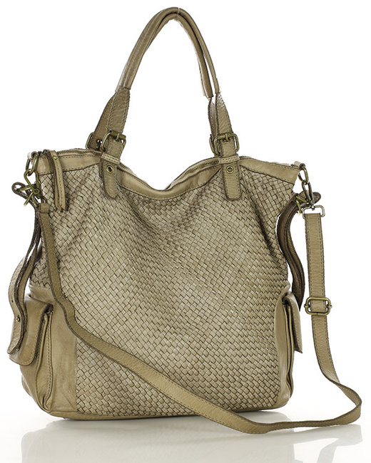 Miejska torebka regulowane raczki shopper pleciona skóra handmade MARCO MAZZINI beż jasny