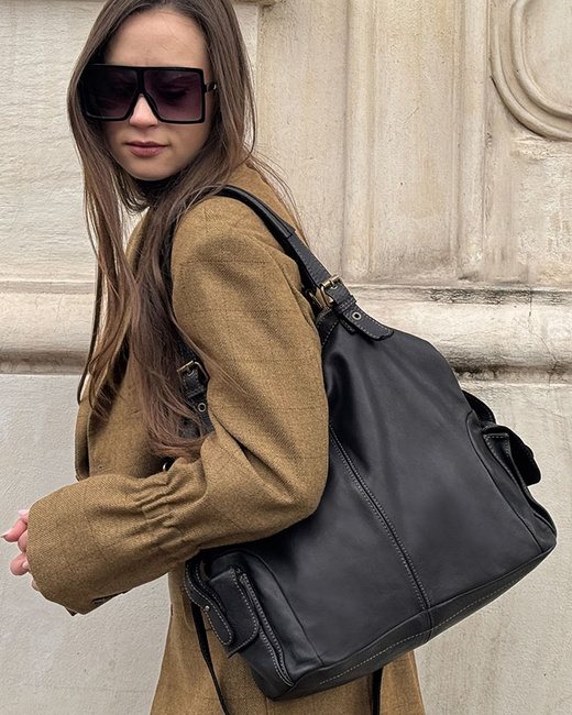 MARCO MAZZINI Miejska torba skórzana z regulowaną rączką old leather handmade czarna