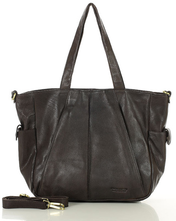 Miękka torebka skórzana shopperka na ramię - MARCO MAZZINI - ciemny brąz