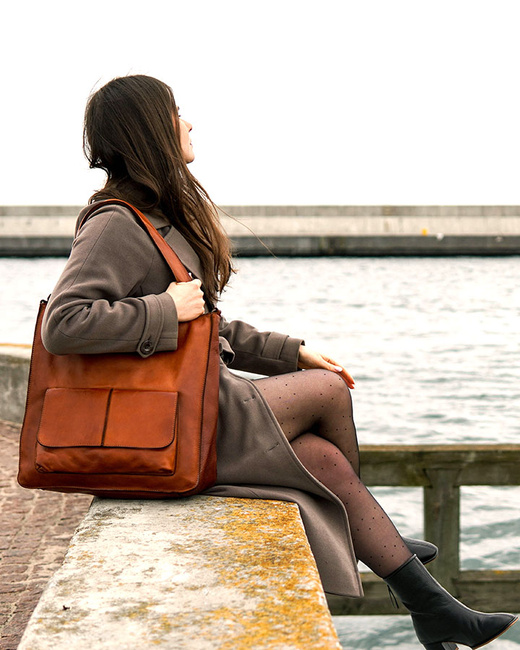 Torebka damska shopper A4 skóra naturalna - MARCO MAZZINI brąz camel