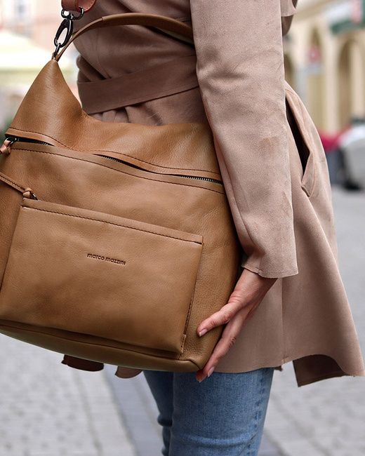 Ekskluzywna torebka skórzana premium z kieszonkami MARCO MAZZINI beżowa