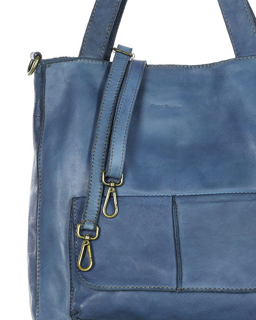 Torebka damska shopper A4 skóra naturalna - MARCO MAZZINI jeansowa niebieska