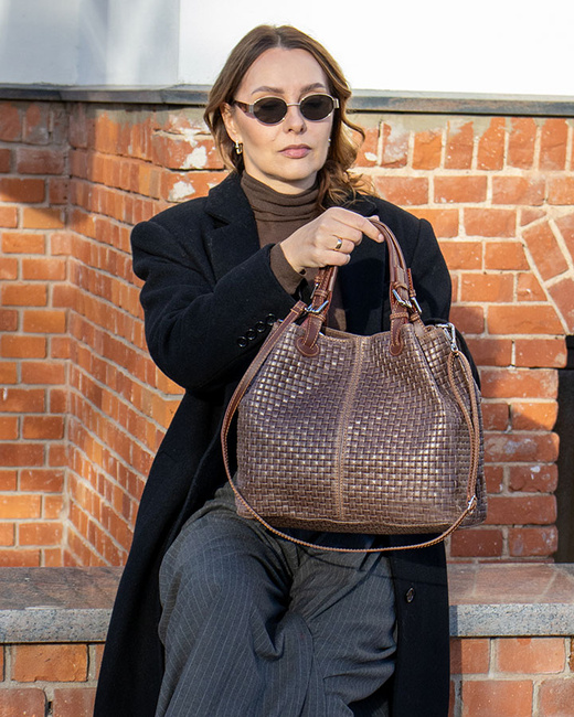 Modna torebka damska skórzany koszyk MARCO MAZZINI - Carina Treccia ciemny brąz caffe