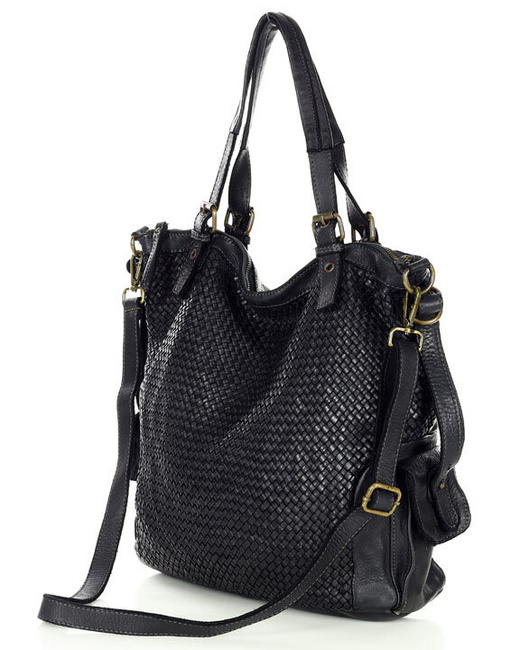 Miejska torebka skórzana z regulowanymi rączkami shopper vintage leather - MARCO MAZZINI czarny