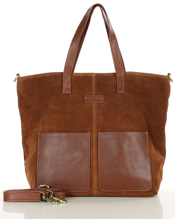 Torebka damska shopper duża zamszowa z kieszonkami – MARCO MAZZINI brązowa