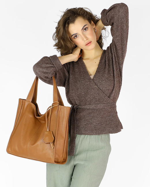 Modna torebka damska skórzany shopper bag - MARCO MAZZINI Portofino Max camel