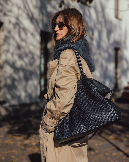 Duża torba shopper z plecionej skóry naturalnej - MARCO MAZZINI czarna