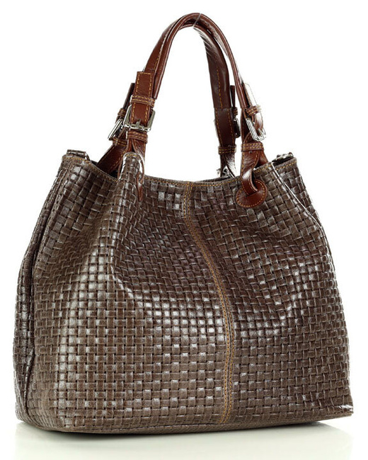 Modna torebka damska skórzany koszyk MARCO MAZZINI - Carina Treccia ciemny brąz caffe