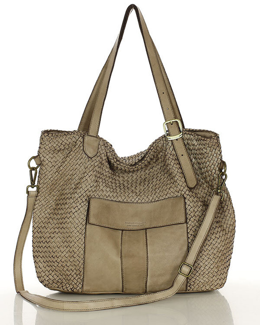 Duża torebka pleciona na ramię shopperka skórzana - MARCO MAZZINI beżowa