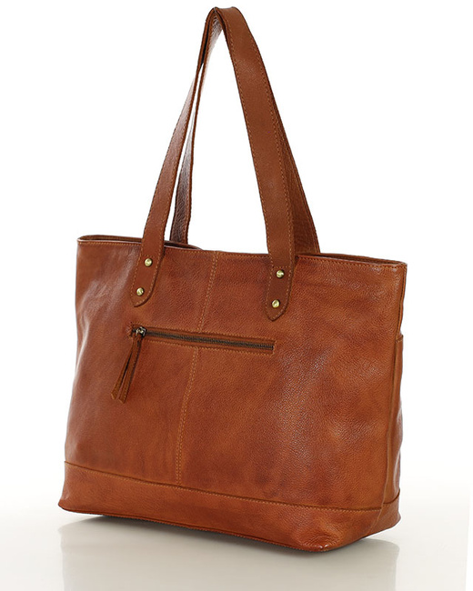 Torebka skórzana shopper damski z przegródkami - MARCO MAZZINI camelowy brąz