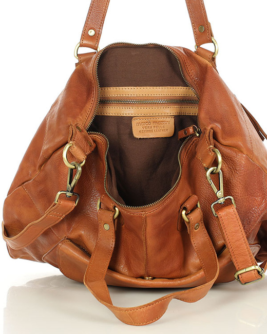 Shopper bag torebka skórzana A4 do pracy - MARCO MAZZINI brąz camel