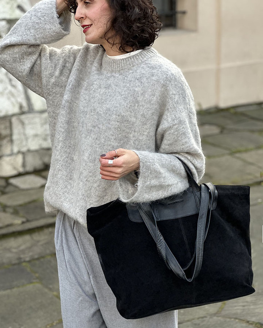 Duża torba zamszowa skórzana podwójne rączki - MARCO MAZZINI czarna