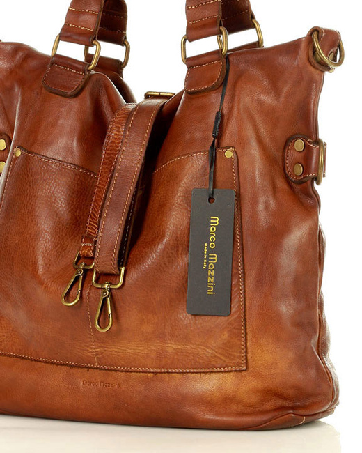 Torebka skórzana XL shopper vintage bag z kieszeniami vera pelle - MARCO MAZZINI brąz migdałowy
