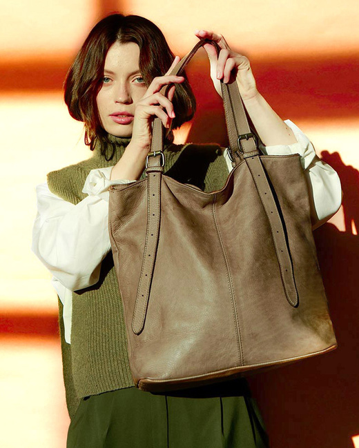 Torebka damska shopper z regulacją rączek skóra old pelle - MARCO MAZZINI beż taupe