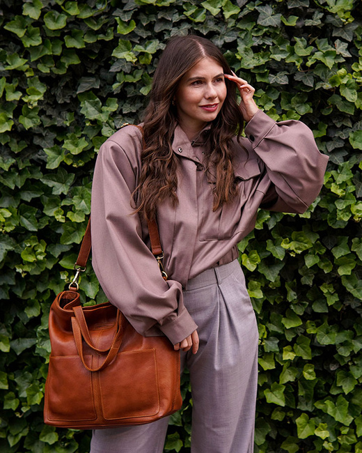 Torebka skórzana brązowa camelowa duża typu shopper - MARCO MAZZINI