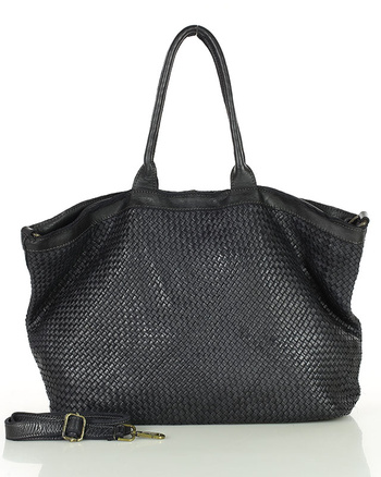 Duża torba shopper z plecionej skóry naturalnej - MARCO MAZZINI czarna