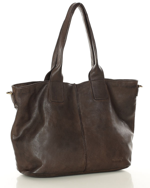 Torebka skórzana na ramię shopper na długich rączkach - MARCO MAZZINI ciemny brąz