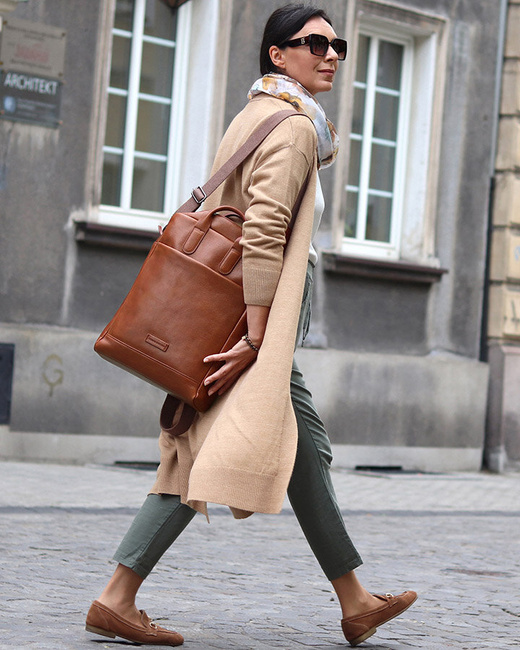 Elegancki plecak damski duży torba skórzana premium MARCO MAZZINI kamelowy