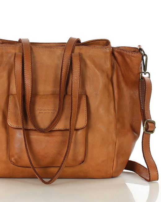 Torebka damska trzykomorowa shopperka skórzana - MARCO MAZZINI brąz camel