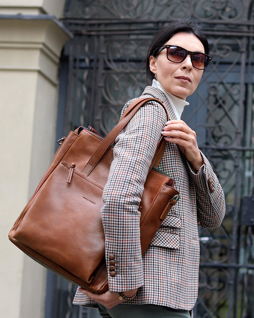 Luksusowa torebka shopperka aktówka skórzana MARCO MAZZINI camelowa