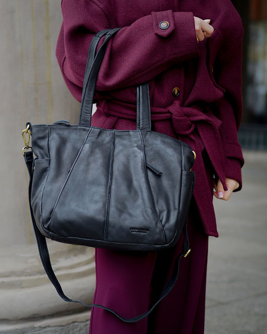 Miękka torebka skórzana shopperka na ramię - MARCO MAZZINI - czarna