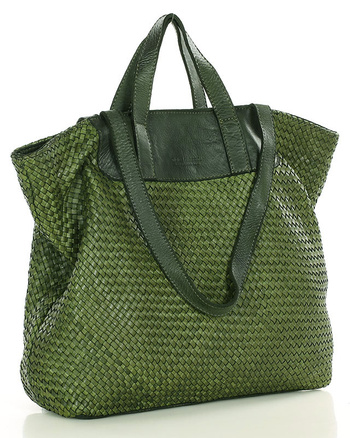 Torba damska pleciona shopper & shoulder leather bag - MARCO MAZZINI zielony militare