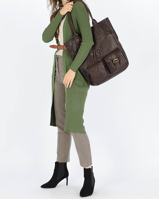 Duża torba shopper z przegródkami skóra naturalna - MARCO MAZZINI ciemny brąz