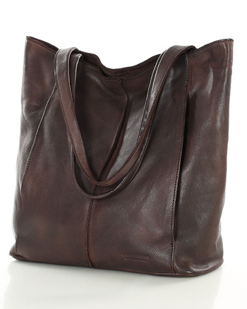 Miękka torba typu shopper skórzana na ramię - MARCO MAZZINI - ciemny brąz