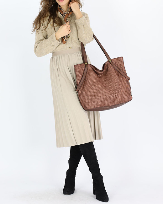 Duża torebka pleciona shopperka ze skóry - MARCO MAZZINI brązowa